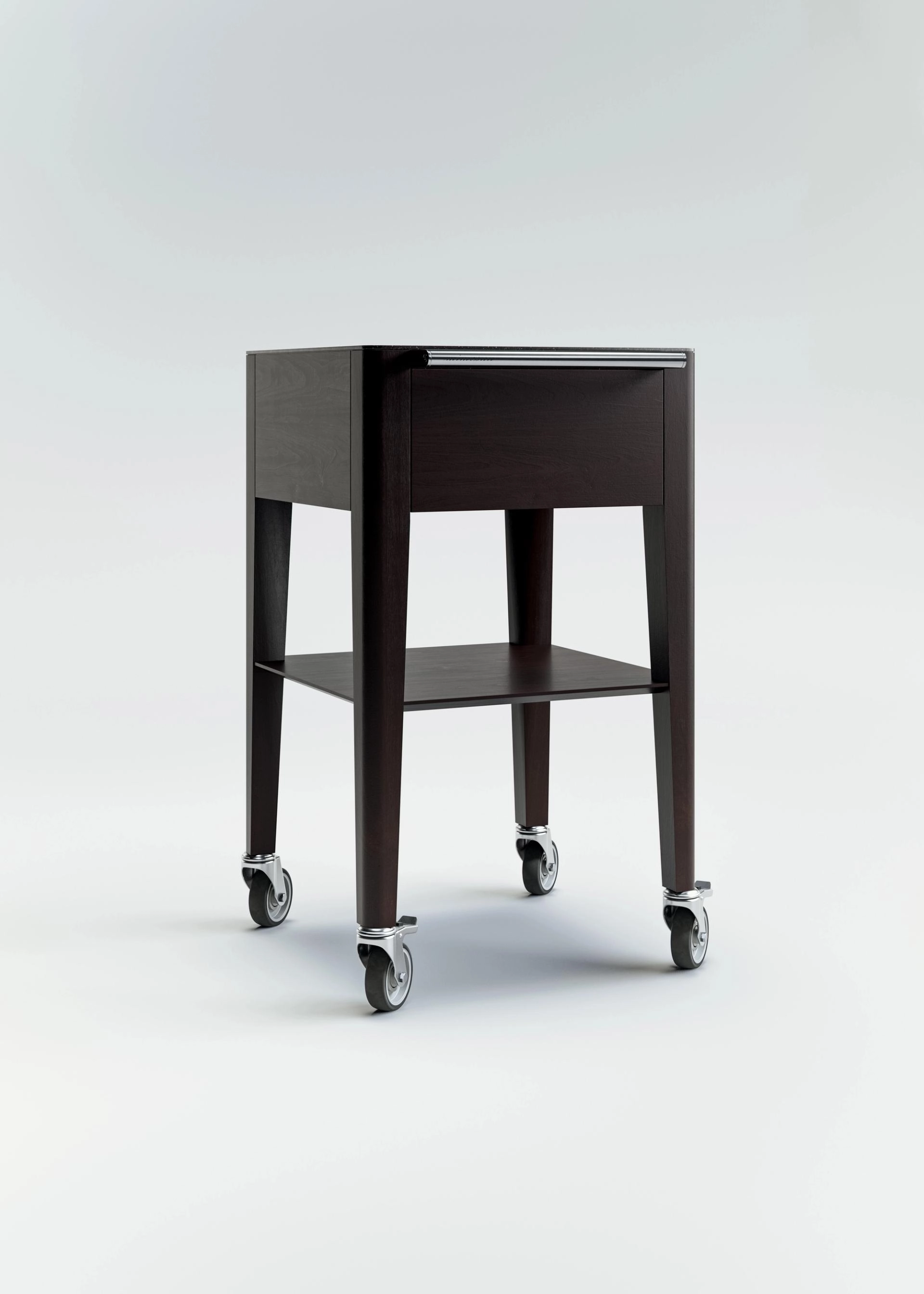 Chariot à champagne en chêne de Bourgogne avec une cuve en résine acrylique, un rack à verres, une étagère inférieure et une poignée en acier inoxydable, monté sur quatre roulettes.