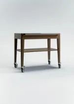 Chariot à cigare en chêne de Bourgogne teinté avec un plateau en verre, un tiroir à cigares, une étagère inférieure et une poignée en acier inoxydable, monté sur quatre roulettes.